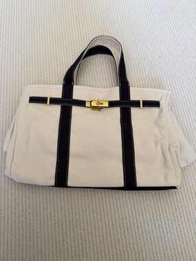 Canvas Tote Bag with Blue Trim and Gold Hardware